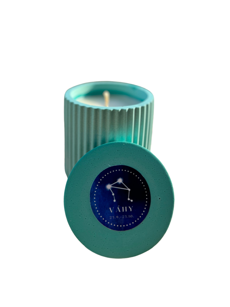 Handmade  candle with the Libra zodiac sign, turquoise color, made from soy wax.