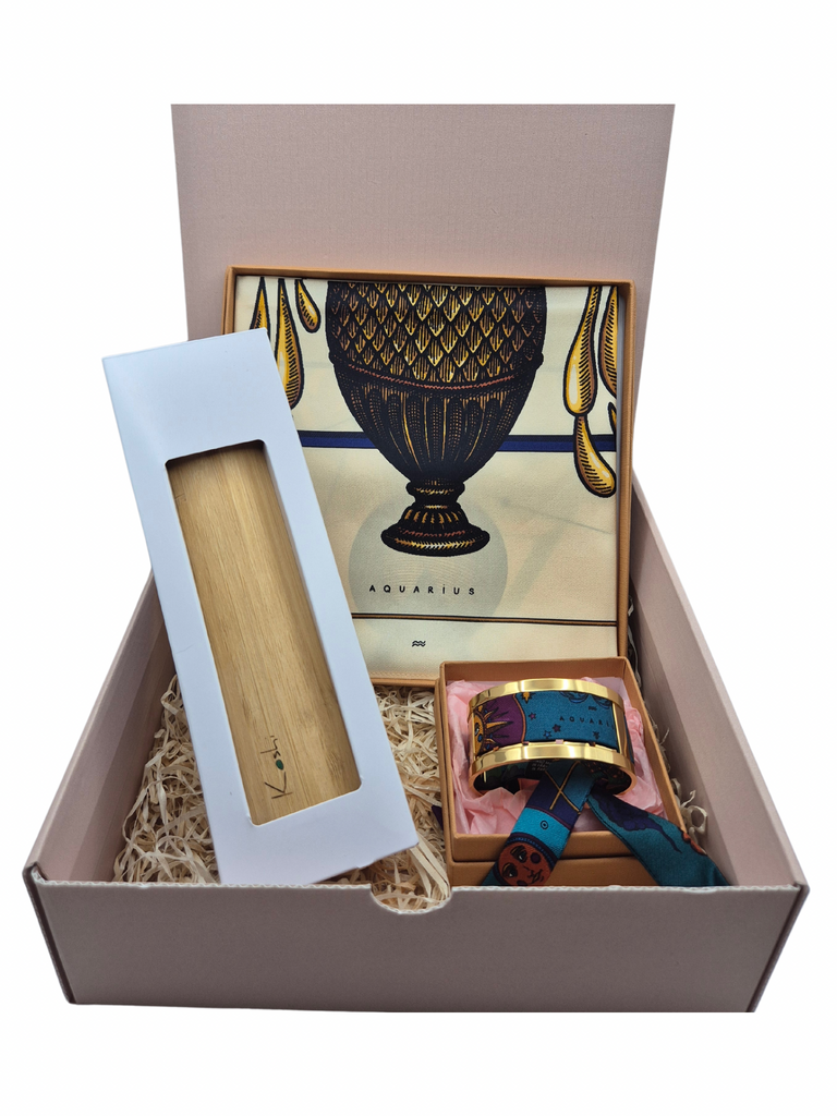 Luxury gift box Aquarius, silk scarf, Koshi Chime, gold bracelet aquarius with silk ribbon